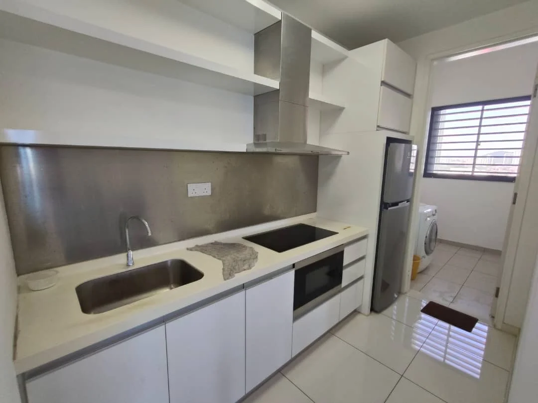 Kitchen features: single-bowl stainless-steel sink, chrome pull-down faucet, granite countertop, white cabinetry with flat-panel design, built-in oven, stainless-steel fridge, stainless-steel range hood, ceramic tile flooring, wall-mounted washing machine, window with horizontal bars, open shelving above countertop; style: modern; view: city.